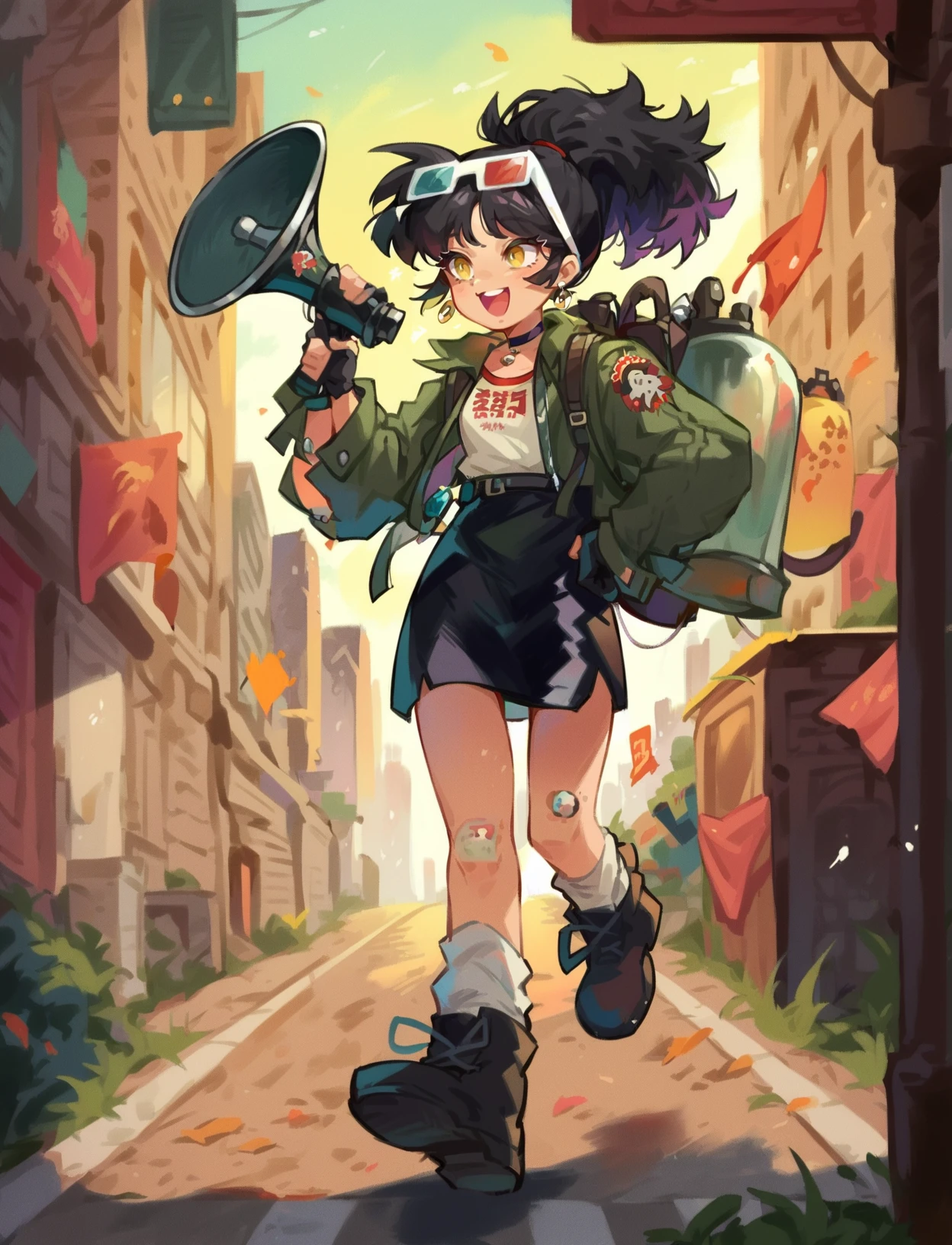 score_9, score_8_up, score_7_up, score_6_up, score_5_up, 1girl,  <lora:An-An_Lee:0.85>, an-an-lee, black hair, ponytail, eyewear on head, yellow eyes, earrings, choker, green jacket, skirt, happy, city, walking, black skirt, black gloves, fingerless gloves, socks, boots, backpack, holding megaphone, 
<lora:Khyleri_EXL:0.65>