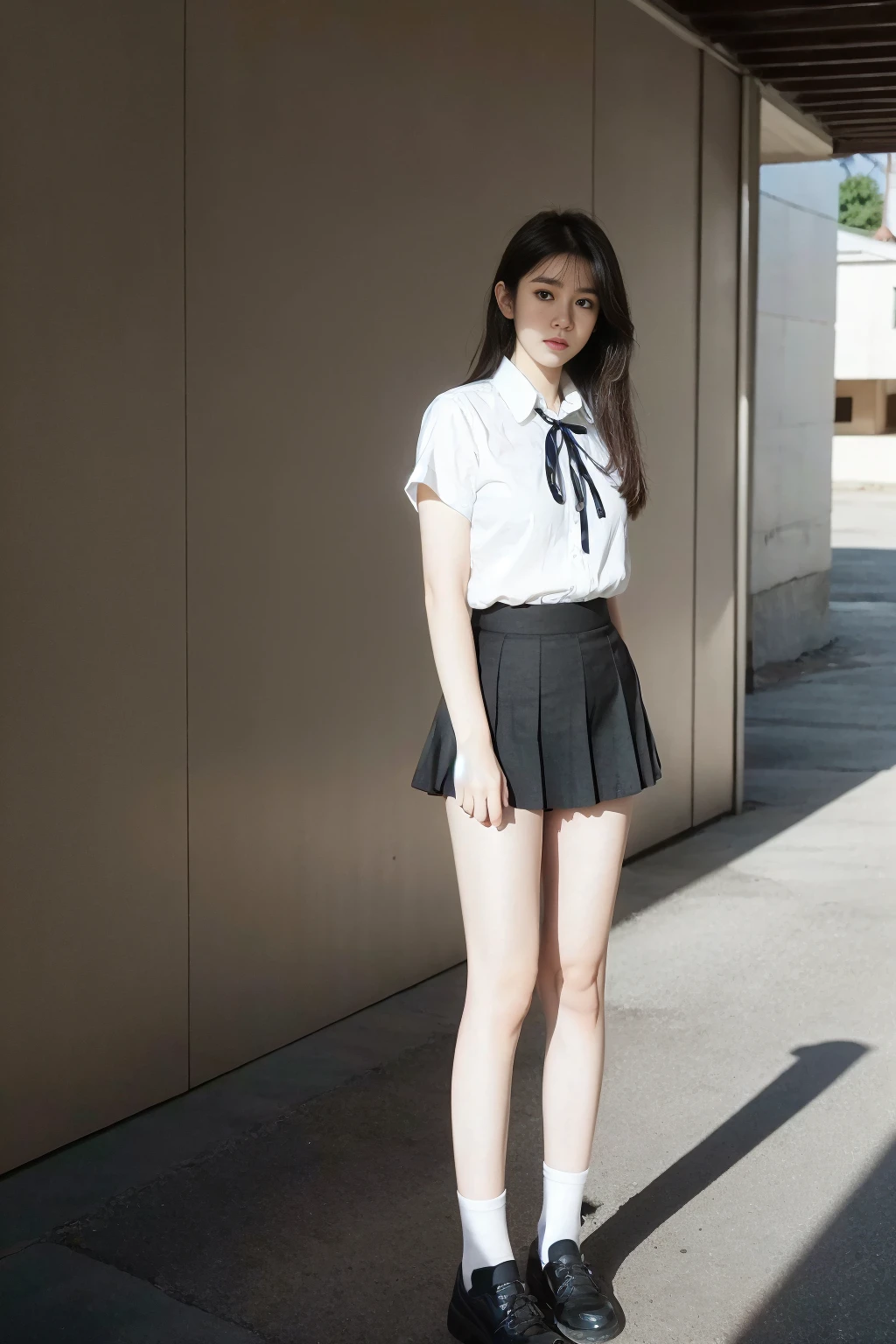 <lora:qingquxueshengfu:0.6>,<lora:1.5_perfect hands:0.8>,<lora:è
¿-000001:0.4>,full_body,a girl,school_uniform,shirt,truncated shirt,pleated_skirt,white shirt,outdoors,black pleated skirt,black tube socks,white bar,black ribbon,standing,<lora:Again_Girl_A14:0.9>,HD,highres,high quality,8k,kawaii,seijun,, best quality, masterpiece, (realistic, photo-realistic:1.37),ultra high res,highres,, illustration. media, delicate,8k wallpaper,soft light,official art,professional lighting, photon mapping, radiosity, physically-based rendering,1girl,