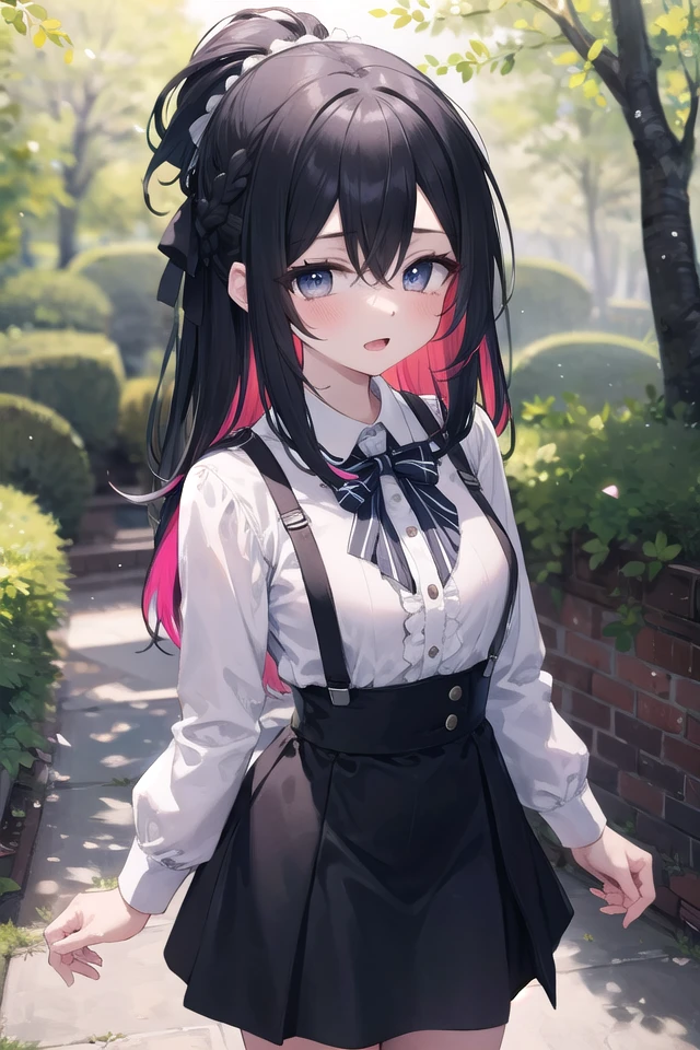 <lora:hotarueye_tareme4_v100:1>, insanely detailed, absurdres, ultra-highres, ultra-detailed, best quality,
1girl, solo, nice hands, perfect hands
BREAK
braid, shirt, holding, mary janes, socks, black skirt, long hair, white shirt, suspender skirt, white socks, long sleeves, ribbon, suspenders, standing, ruffles, black ribbon, bow , black bow tie, long skirt, black bow, neck ribbon, bowtie, bag
BREAK
(nsfw:-1.5)
BREAK
expressionless, open mouth
BREAK
,
standing, cowboy shot, looking at viewer
BREAK
slender, kawaii, perfect symmetrical face, ultra cute girl, ultra cute face, ultra detailed eyes, ultra detailed hair, ultra cute, ultra beautiful
BREAK
in forest, depth of field, ultra detailed background
BREAK
medium large breasts
BREAK
(random color hair, multicolored hair:1.2), rainbow color eyes, topknot, hair between eyes
