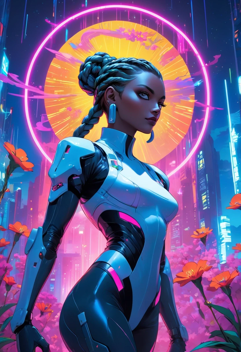 retro cyberpunk In this digital artwork, an elegantly styled figure commands attention against a backdrop of a night sky filled with stars. The subject appears to be in mid-motion, captured from a low angle that emphasizes their formidable presence. They are adorned in white garments crafted by Roksanda Ilincic and accessorized with a halo that adds a touch of mystique. Their vibrant attire contrasts beautifully with the darker tones of their crown braided hairstyle and Ugandan anime eyes. Surrounding them is a lush array of spring flowers set against a . 80's inspired, synthwave, neon, vibrant, detailed, retro futurism