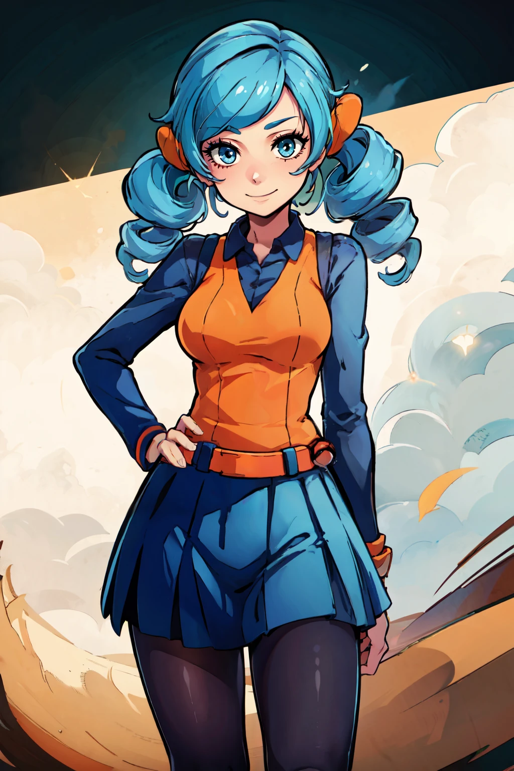 ((masterpiece,best quality)), absurdres,   <lora:Peace_Pose:1>, v,  <lora:Ace_Trainer_Pokemon_BW:0.7>,   ace trainer (pokemon), blue hair, blue eyes, drill hair, smile,   orange vest, belt, skirt, black pantyhose, knee boots, scrunchie,   contrapposto, cowboy shot,