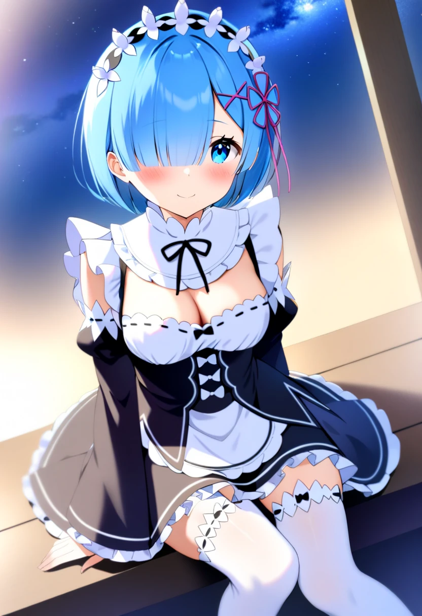 1girl,rem(re-zero),apron,black_ribbon,blue_eyes,blue_hair,blush,breasts,cleavage,detached_sleeves,dress,frills,hair_ornament,hair_over_one_eye,hair_ribbon,looking_at_viewer,maid,maid_headdress,medium_breasts,night,night_sky,outdoors,pink_ribbon,ribbon,ribbon_trim,roswaal_mansion_maid_uniform,short_hair,sitting,sky,smile,solo,star_(sky),starry_sky,thighhighs,white_thighhighs,x_hair_ornament,<lora:rem rezero xl:1>,<lora:Anime Enhancer XL V2:1>,enhancer,masterpiece,