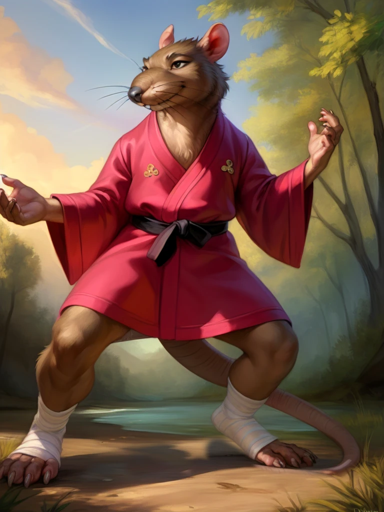  <lora:SplinterRatCartoflurock1:1> SplinterRatCartoflurock1, Rat, Red robe, black belt, leg bands, (fighting stance), (((Rat legs,)))
solo,  black eyes,   looking at viewer,  (beautiful, aesthetic, perfect, delicate, intricate, masterpiece,)
uploaded on e621, textured fur, furry,  [The sun is shining, nature, forest, river, trees, grass, road, sky with clouds,]
by Floris van Dyck, by Anna Razumovskaya, by Pino Daeni, by Ulitochka, by Ruan Jia
