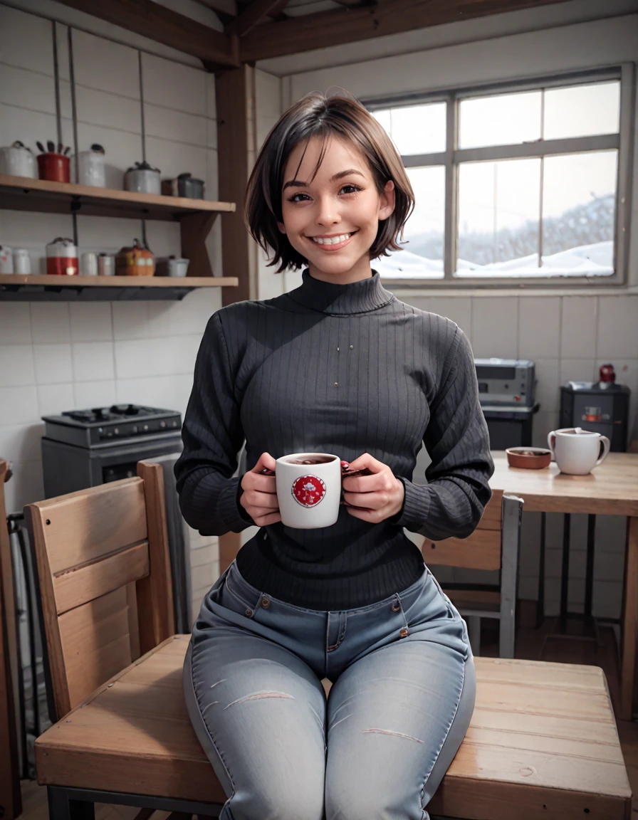 score_9, score_8_up, score_7_up, score_6_up,  raw photo, 3/4 body, <lora:CinderCarla-XLPony:.9>, short hair,  at a ski chalet, holding a cup of hot chocolate, smile, sitting in a leather chair, sweater, jeans, (grin:0.6), toned, wide hips, thigh gap