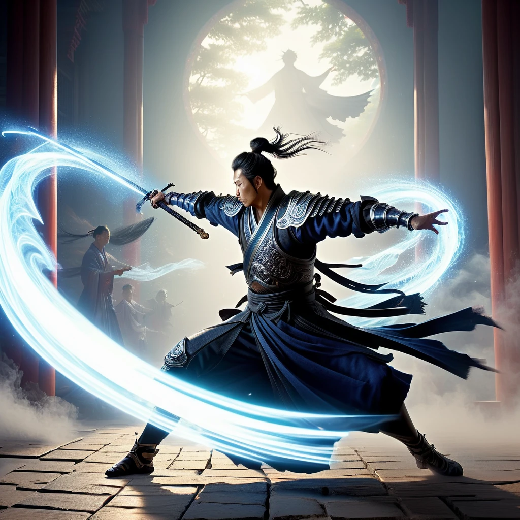 an action shot of A chinese warrior wearing hanfu, swinging his sword, shooting away a glowing curved sword slash infront of him, chinese temple in background, HD, masterpiece, best quality, hyper detailed, ultra detailed,