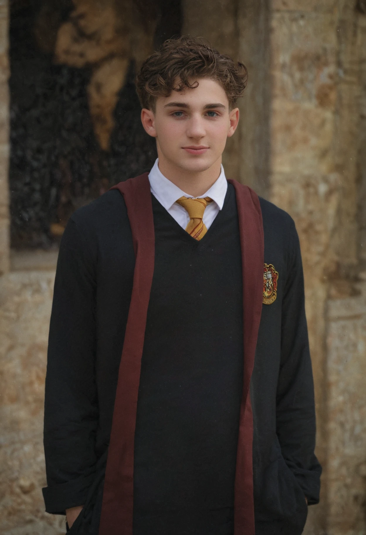 typerson, smirk, undercut, curly hair, wearing fitted gryffindor uniform, <lora:ty_xl_epoch_9:1>, <lora:harry_potter_v1:0.8> black robe, bokeh blur background, high detailed, 8K resolution, masterpiece