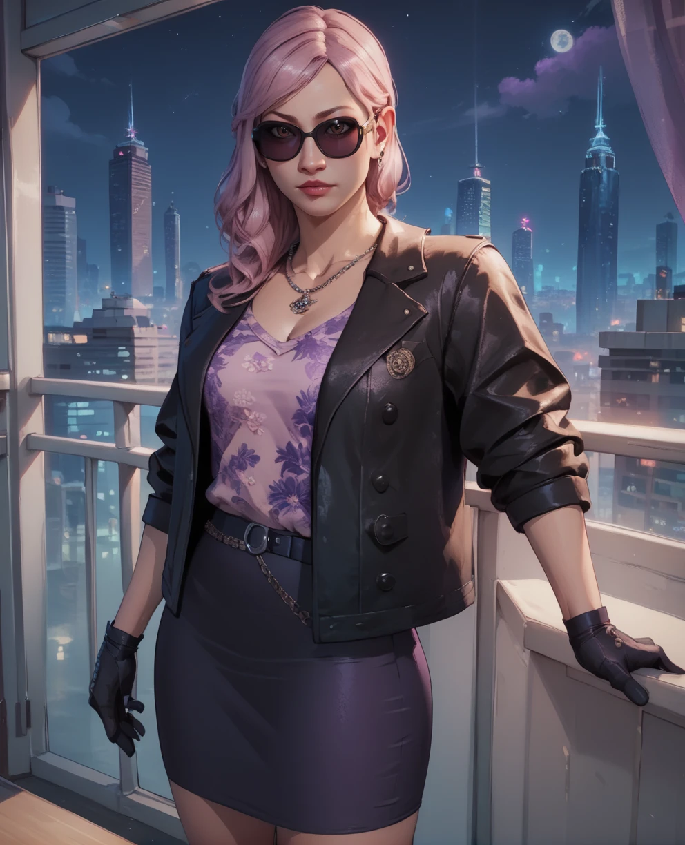 score_9,score_8_up,score_7_up,score_6_up,
seonhee,long hair,brown eyes,pink hair,makeup,sunglasses,
jewelry,gloves,necklace,black jacket purple floral print shirt, black skirt, 
standing,
cityscape,night,indoors,
<lora:Seong-Hui:0.8>,