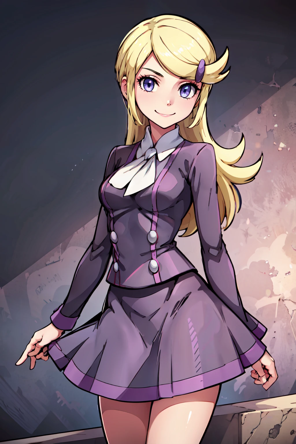 ((masterpiece,best quality)), absurdres,   <lora:Ace_Trainer_Pokemon_XY:0.7>,   ace trainer (pokemon), swept bangs, blonde hair, purple eyes,   white neckwear, purple skirt, purple socks,   side view,   smile, looking at viewer, contrapposto, cowboy shot,