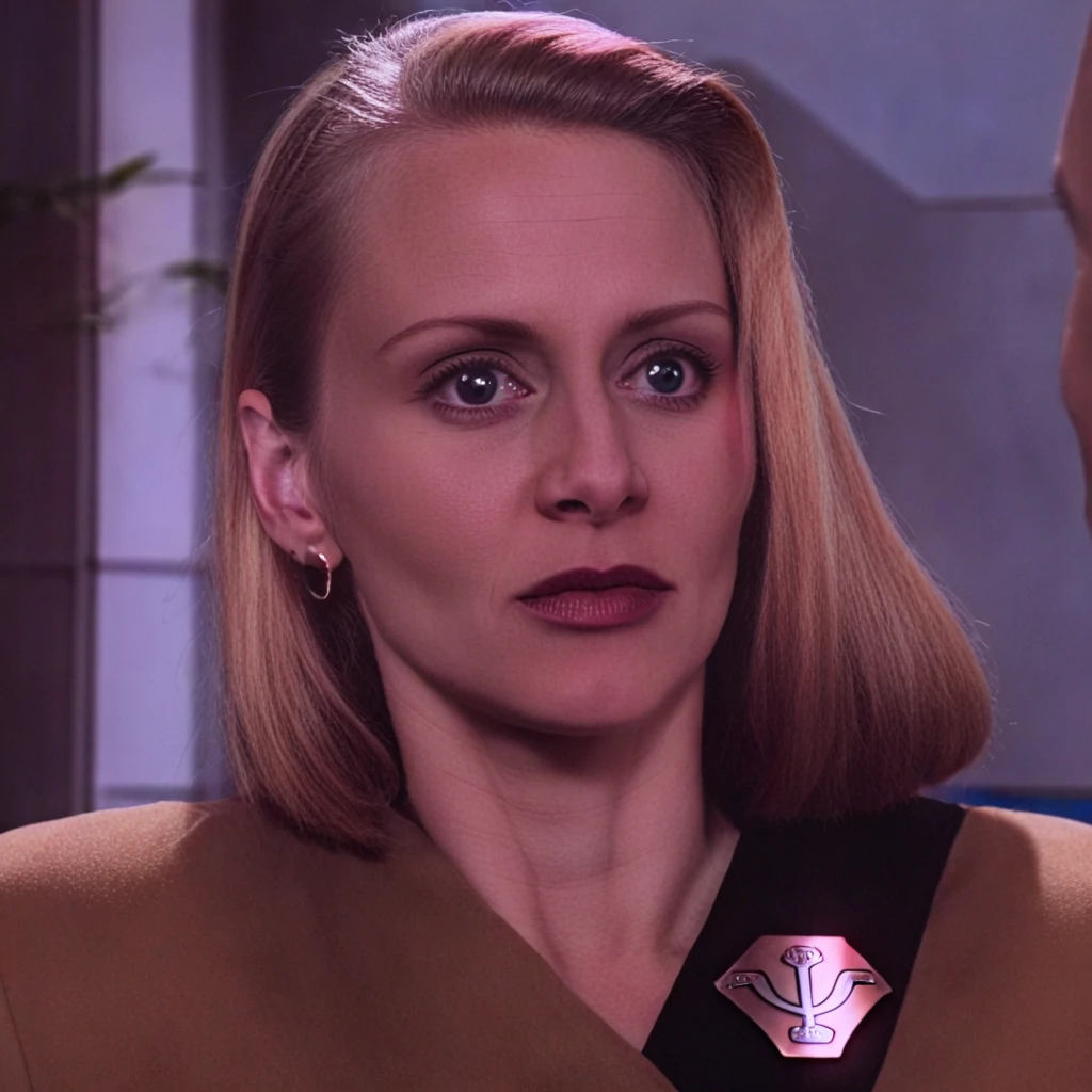 Katee Sackhoff, short red hair, dinamic pose, touching herself, nude perfect tits, blowjob, sucking a dick, sucking a penes of the mandalorian, holding for the head, orgasm face, angry fuck, in an spaceship at night, gulty, angry, baby yoda it"s watching