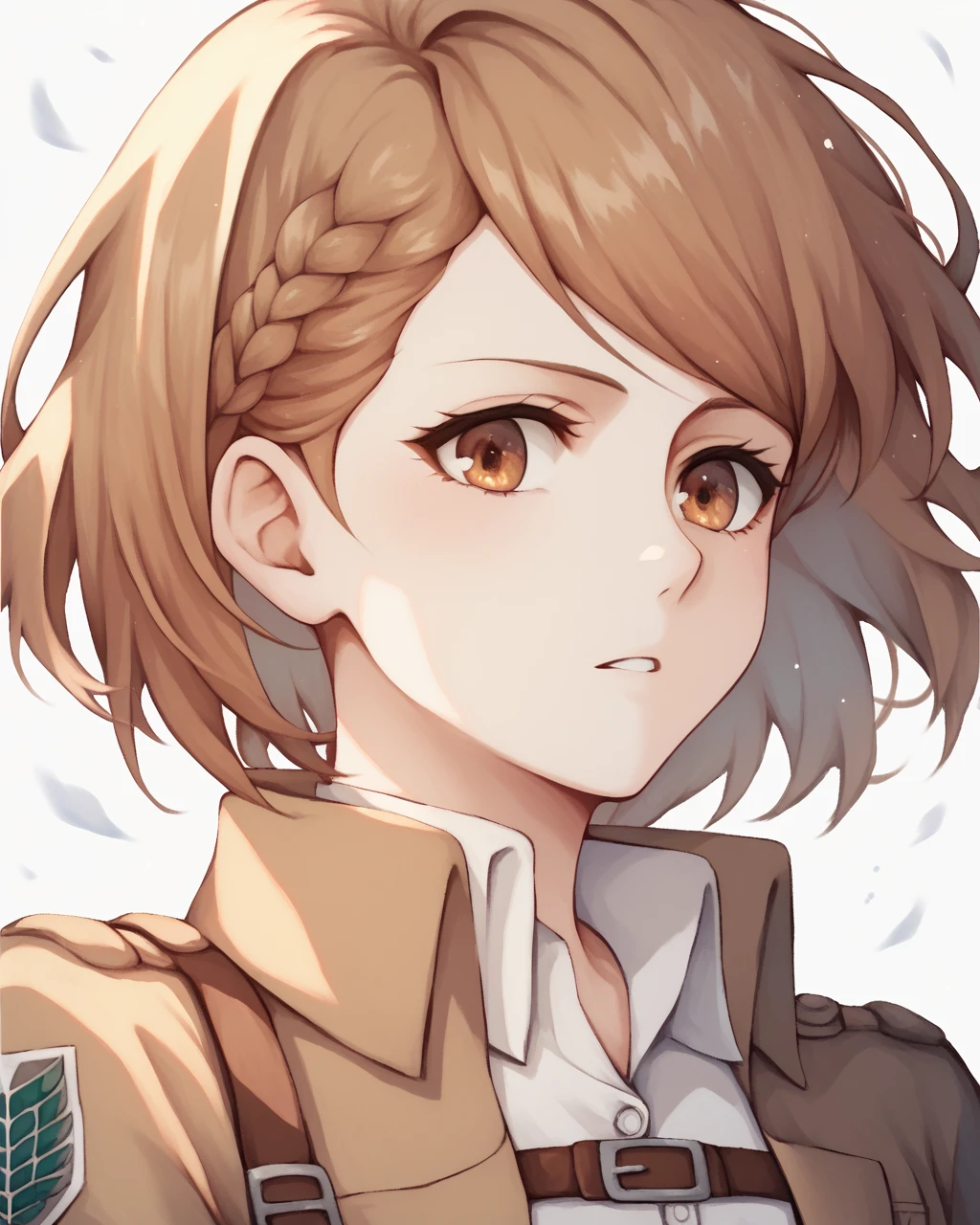 score_9, score_8_up, score_7_up,
<lora:Petra_Ral_PONY:1>,petra ral, 1girl, solo, short hair, brown hair, brown eyes,paradis military uniform, shirt, long sleeves,, training corps \(emblem\), white pants,thigh strap,Face, close-up, upper body