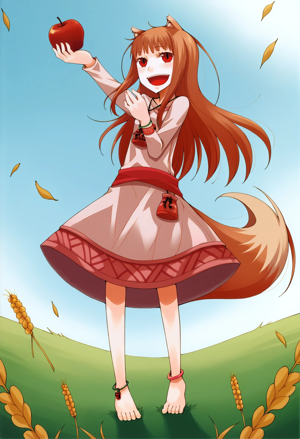 score_9, best quality, masterpiece, uncensored, source_anime
BREAK
1girl, solo, long hair, smile, open mouth, brown hair, red eyes, dress, animal ears, jewelry, tail, food, barefoot, bracelet, fruit, wolf ears, wolf tail, anklet, apple, wolf girl, wheat field, grass, holo
<lora:ayakura_juu_pony_v2:1>