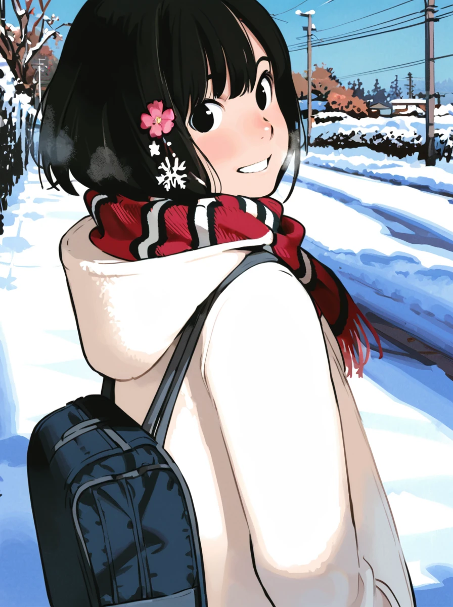 masterpiece, best quality, <lora:comiclo-xl-a3.1:1>,1girl, solo, scarf, smile, looking back, hair ornament, bag, black eyes, short hair, black hair, breath, snow, coat, outdoors, power lines, looking at viewer, flower, hair flower, winter, utility pole, grin, sky, from behind, hood, school bag, plaid, day, tree, plaid scarf, bob cut, road, winter clothes