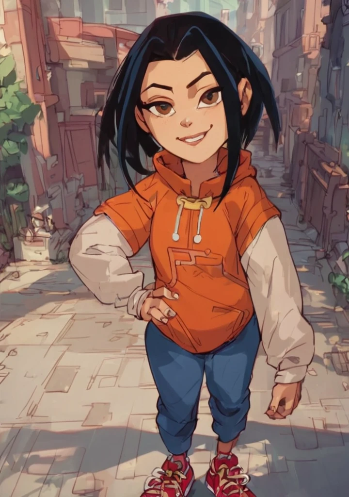 jadechan, black hair, solo, brown eyes, 1girl, hoodie, long sleeves, pants,sneakers, looking at viewer, smile, outdoors, standing,hand on own hip,  score_9, score_8_up, score_7_up, <lora:Jadepony2:1>  zPDXLxxx