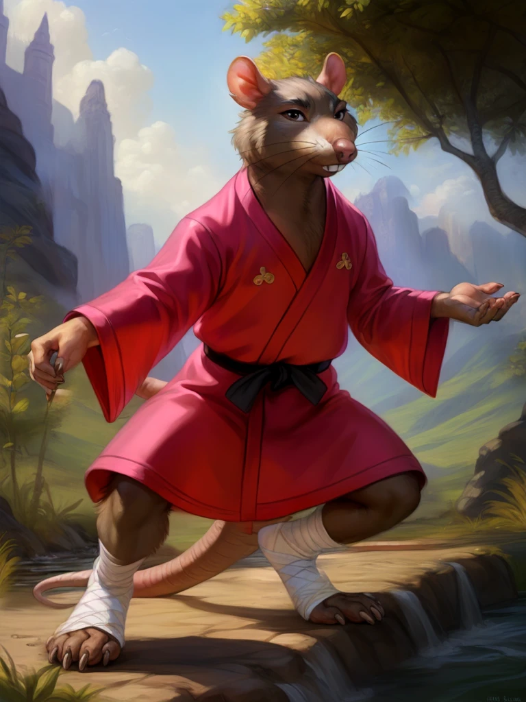  <lora:SplinterRatCartoflurock1:1> SplinterRatCartoflurock1, Rat, Red robe, black belt, leg bands, (fighting stance), (((Rat legs,)))
solo,  black eyes,   looking at viewer,  (beautiful, aesthetic, perfect, delicate, intricate, masterpiece,)
uploaded on e621, textured fur, furry,  [The sun is shining, nature, forest, river, trees, grass, road, sky with clouds,]
by Floris van Dyck, by Anna Razumovskaya, by Pino Daeni, by Ulitochka, by Ruan Jia
