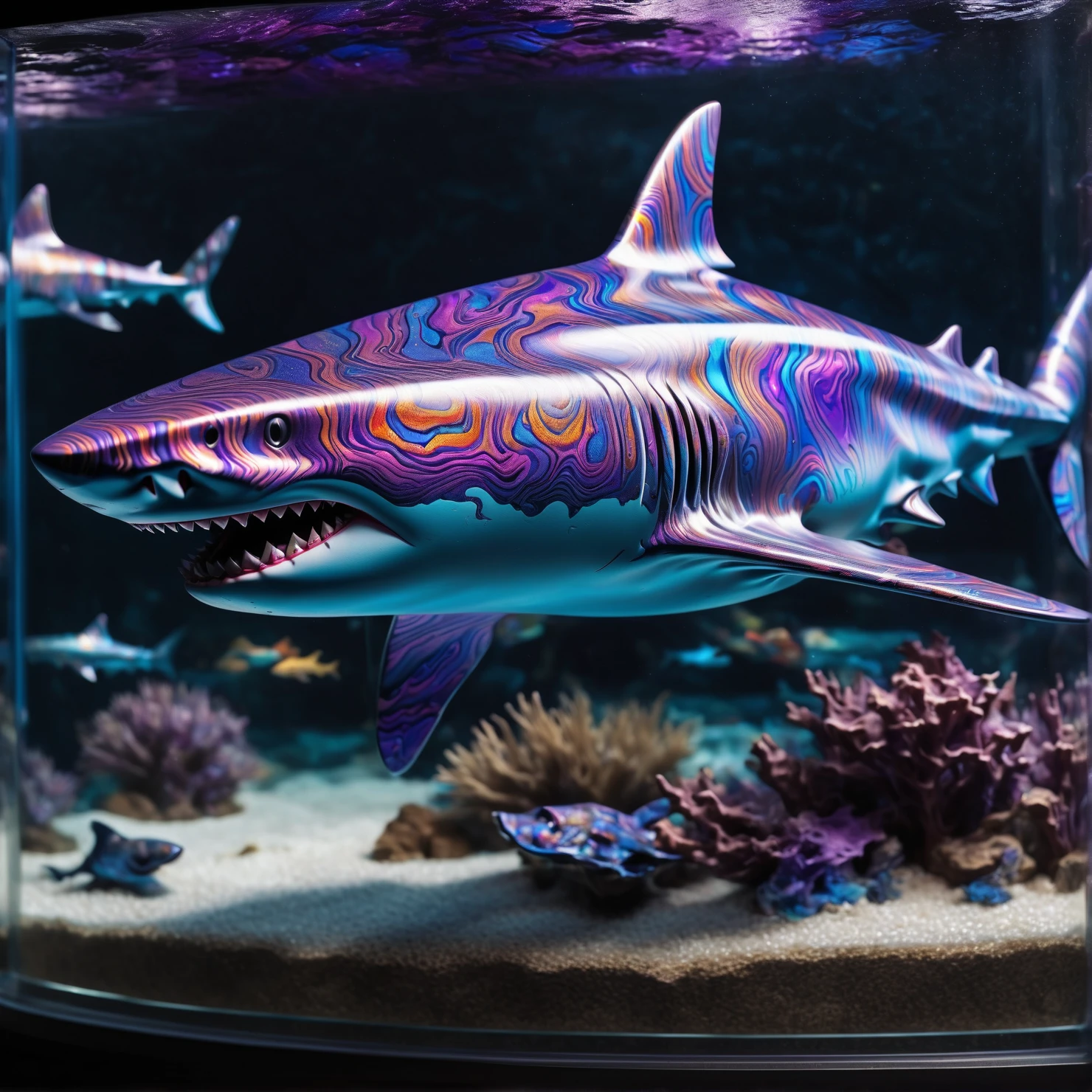 timascus style, realistic, a shark swimming in an aquarium with many timascus fish,from far away,(SimplePositiveXLv2:0.6), <lora:Timascus_merge:1>