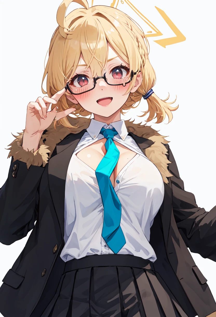 best quality, masterpiece, highres, solo, (kotori_bluearchive:1.10), 1girl, blue necktie, white shirt, glasses, long sleeves, cleavage, black-framed eyewear, collared shirt, looking at viewer, simple background, under-rim eyewear, blush, necktie between breasts, open mouth, white background, navel, pleated skirt, black skirt, open clothes, black jacket, smile, fur-trimmed jacket, 3 <lora:kotori_bluearchive:0.80>