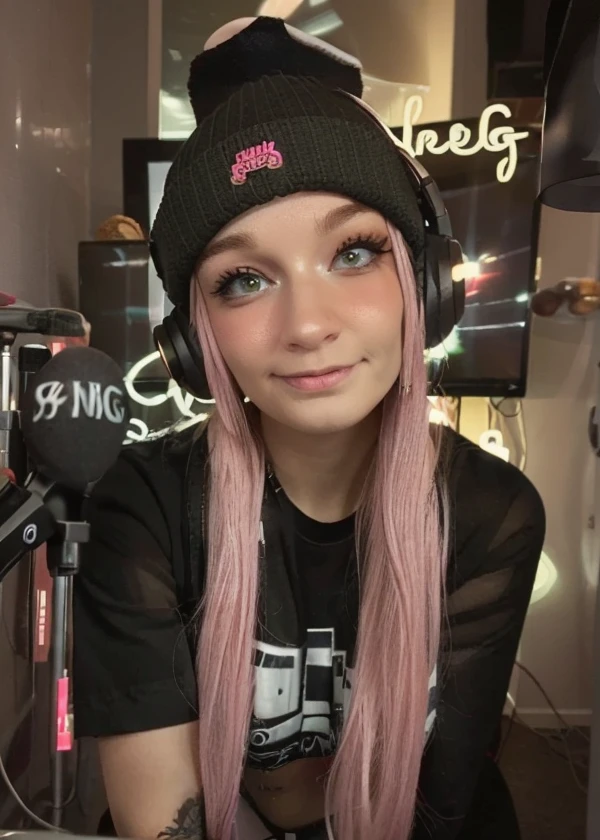 <lora:BBjess-000006:1> bbjess
photograph of a cute blond woman, pink hair, wearing a beanie with headphones, looking stoned, slight smile, face focus, Pot Leaf in the background, 420 theme, marijuana, weed, stage presence, ornately decorated black top, black hotpants, pierced nose, very detailed face, in a streamer bedroom, night, bokeh, microphone, singing, background lights, looking at the viewer, dynamic pose, (text saying "bbjess"), ((a sign that says "bbjess"))