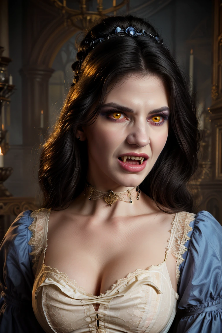 close-up, portrait, Carmilla Karnstein, vampire, fangs visible over lower lip, pale skin, hypnotic (yellow:0.6) eyes, 1870s fashion, periwinkle dress, makeup, lace choker <lora:VampireFangs_v1.1:1> <lora:LORA-XenoDetailer-v3A:0.7>