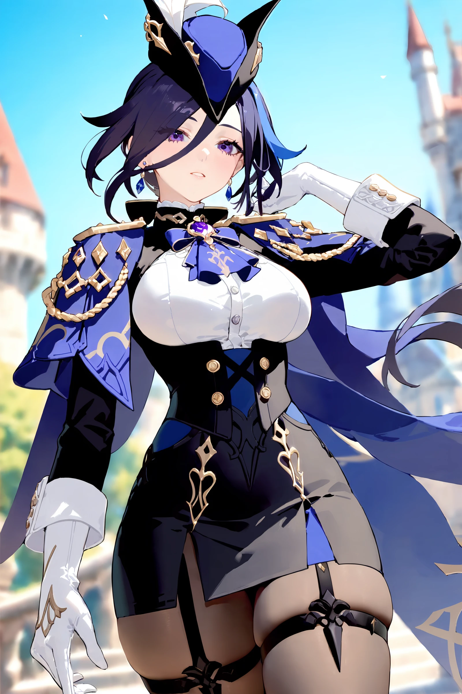 masterpiece, best quality, perfect features, intricate details, ray tracing, newest,(hitenkei, askzy:0.4), 1girl, clorinde \(genshin impact\), tricorne, black pantyhose, earrings, blue cape, white gloves, pencil skirt, white shirt, thigh strap, underbust, ascot, black jacket, depth of field, cowboy shot, hand in own hair, looking at viewer, parted lips, floating hair, outdoors, castle <lora:quality1:0:hr=1>, <lora:Char-Genshin-Clorinde-XL-V1:0.9>