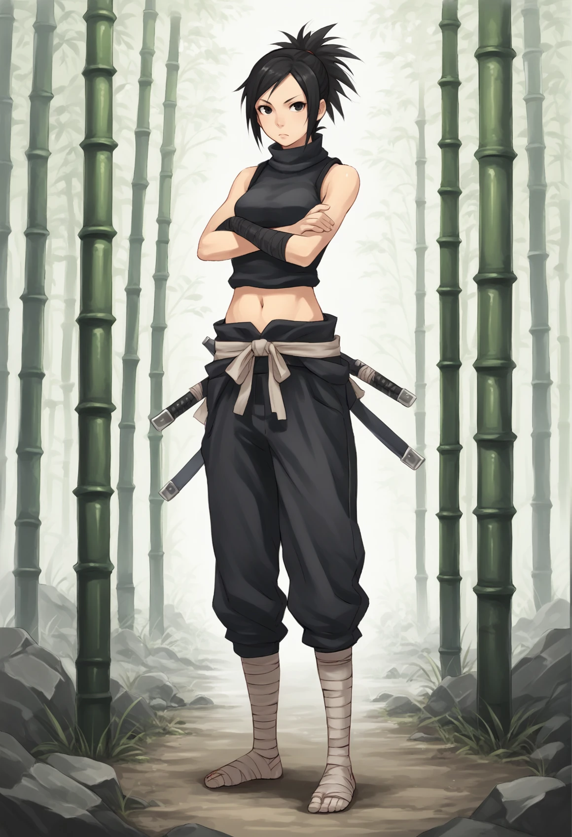 1girl, solo, medium hair, black hair, black eyes, ponytail, ayame2, ninja, japanese clothes, turtleneck, navel, bare shoulders, single wristband, pants, legwear bandages, outdoors, bamboo forest, crossed arms, standing, full body, cowboy shot <lora:Ayame_Tenchu:1>, score_9, score_8_up, score_7_up, score_6_up, score_5_up, score_4_up, BREAK source_anime, masterpiece