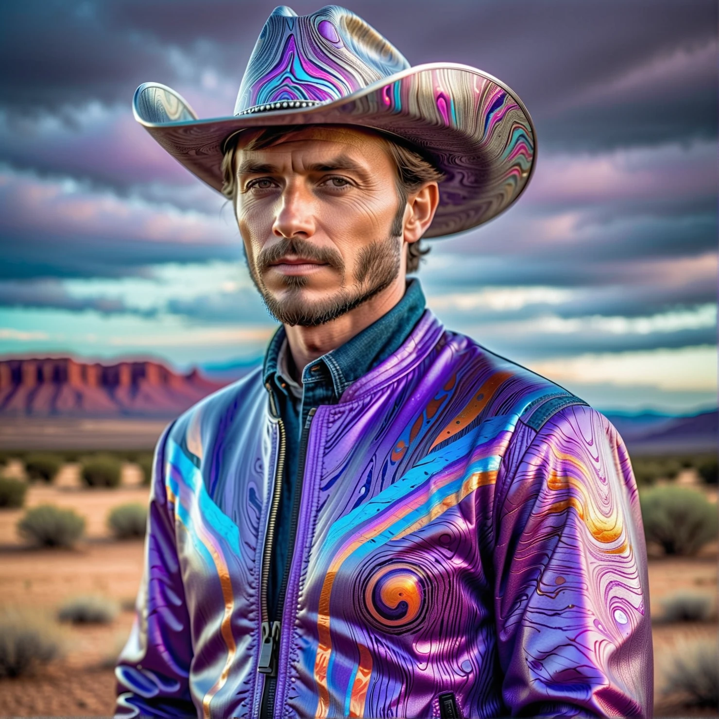 timascus style,realistic, a photo of a cowboy wearing a timascus jacket and hat,(SimplePositiveXLv2:0.6), <lora:Timascus_merge:1>