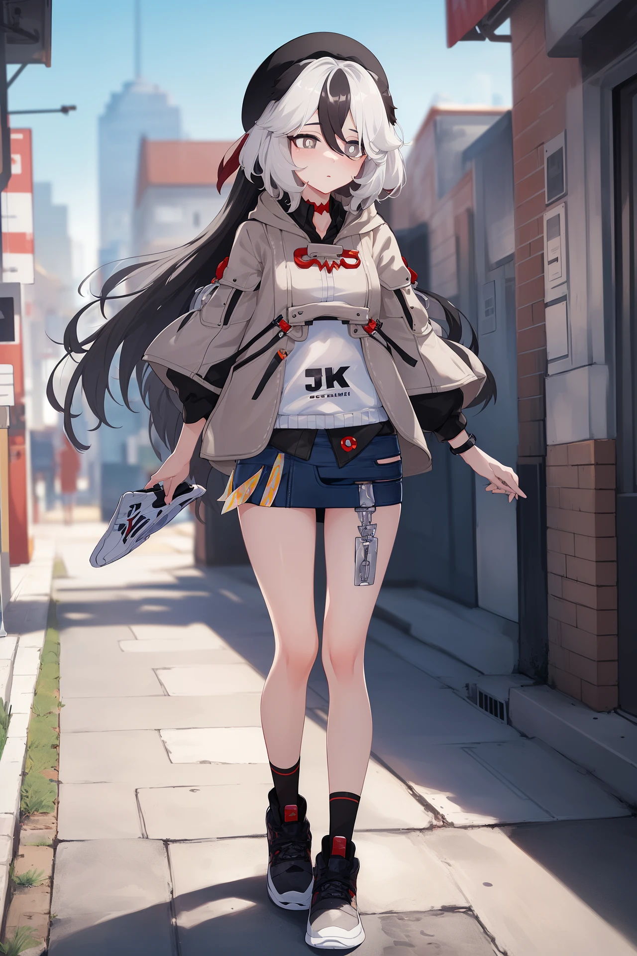 (masterpiece, best quality, high detailed, 8k uhd:1.2), 1girl, solo, <lora:CoralieV2:0.8>, hi3 coralie, (jacket, sneakers, miniskirt, beret:1.1), (two tone hair, white hair, black hair, long hair, grey eyes, bright pupils:1.3), cowboy shot, looking at viewer, outdoors, forest, sitting, rocks