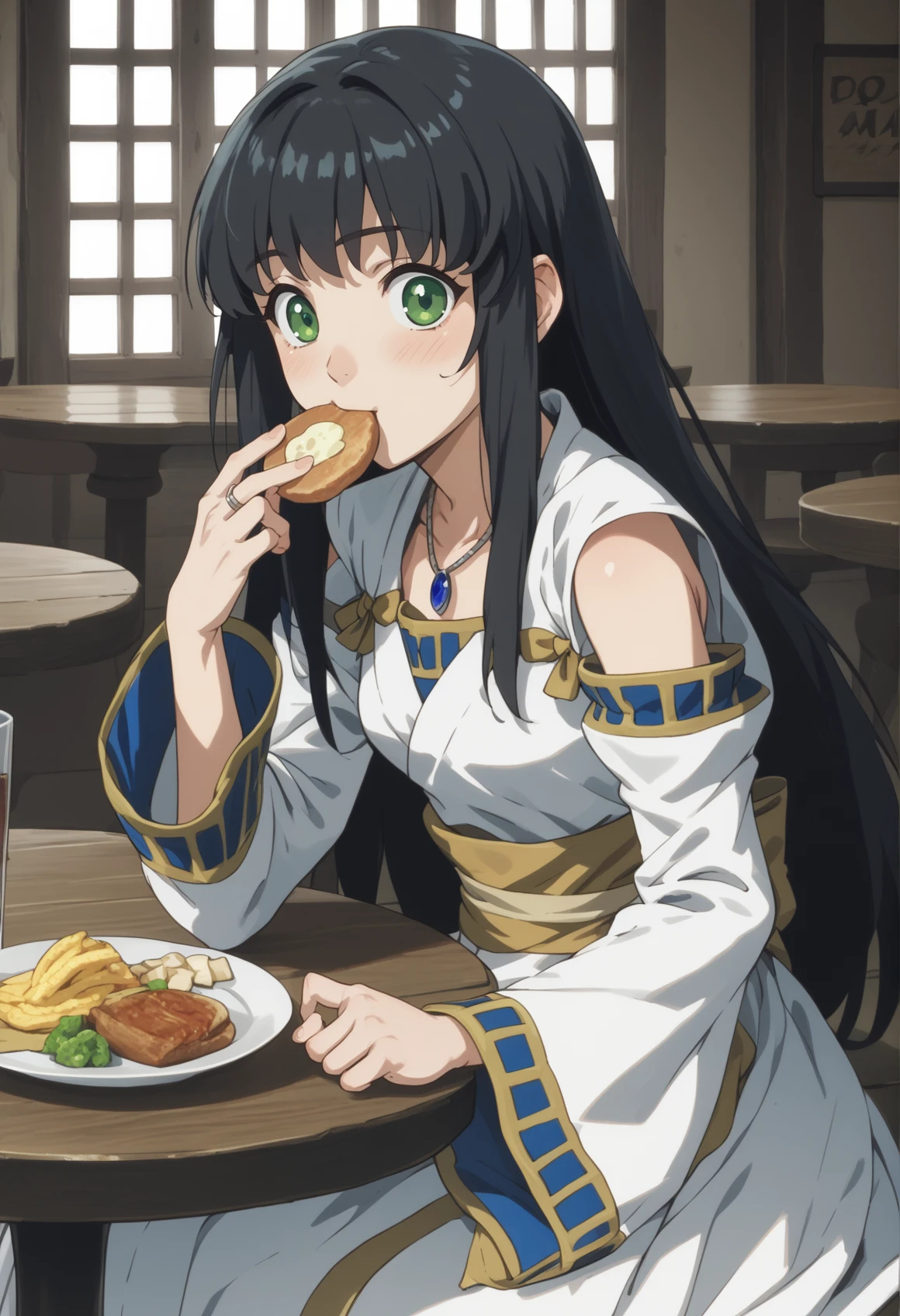 1girl, solo, black hair, long hair, pendant, green eyes, white dress, rope belt, long sleeves, wide sleeves, detached sleeves, bare shoulders, bridal gauntlets,  sitting, baozi, eating, full cheeks, looking at viewer, tavern <lora:Viki_Suikoden_II_XL-v2:1>, score_9, score_8_up, score_7_up, score_6_up, score_5_up, score_4_up, BREAK source_anime, masterpiece