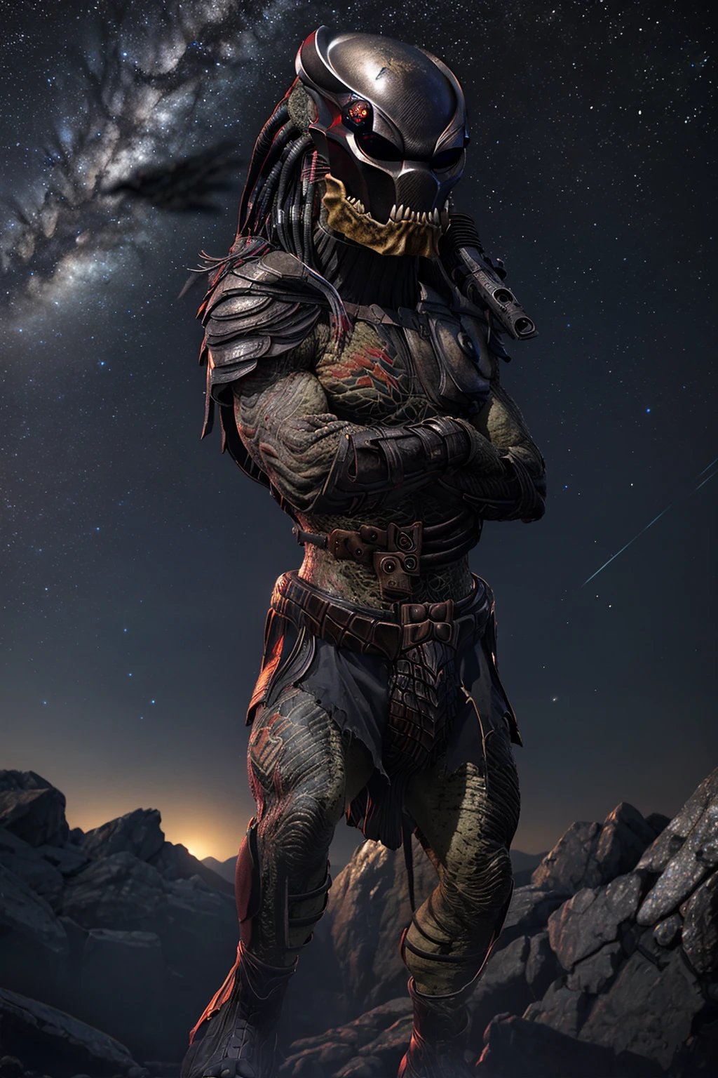 detailed background,mountain,starry sky, night
MrBlack,solo,male,predator \(movie\),mask,shoulder canon,(full body:1.2),wrist blade,standing,crossed arms, <lora:MrBlackv2:1> <lora:more_details:0.2>