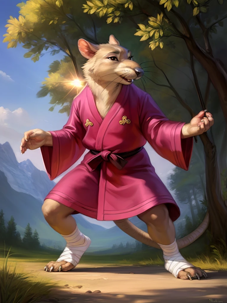  <lora:SplinterRatCartoflurock1:1> SplinterRatCartoflurock1, Rat, (short Red robe), black belt, leg bands, fighting stance
solo,  black eyes,   looking at viewer, thin, slender, standing, full height, (beautiful, aesthetic, perfect, delicate, intricate, masterpiece,)
uploaded on e621, textured fur, furry,  [The sun is shining, nature, forest, river, trees, grass, road, sky with clouds,]
by Floris van Dyck, by Anna Razumovskaya, by Pino Daeni, by Ulitochka, by Ruan Jia