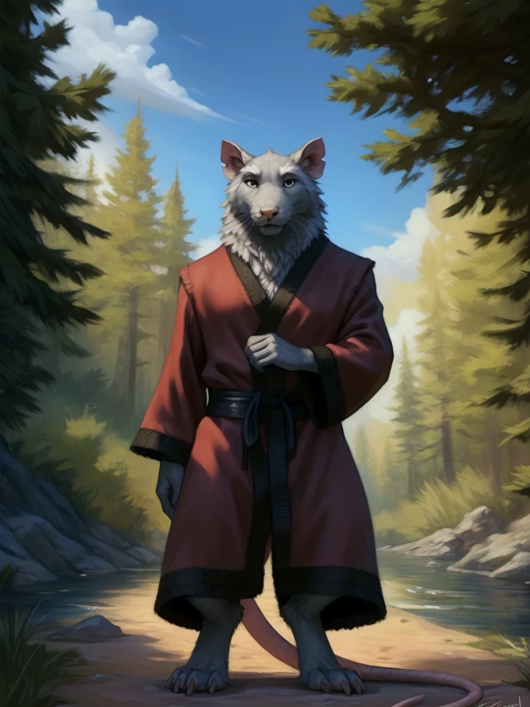  <lora:SplinterHamatoYoshiNGYiFlufrock:1>  SplinterHamatoYoshiNGYiFlufrock, Rat, Red robe, black belt,
solo,  black eyes,   looking at viewer,  standing, full height, (beautiful, aesthetic, perfect, delicate, intricate, masterpiece,)
uploaded on e621, textured fur, furry,  [The sun is shining, nature, forest, river, trees, grass, road, sky with clouds,]
by taran fiddler, by cynicalstarr, by personalami,
