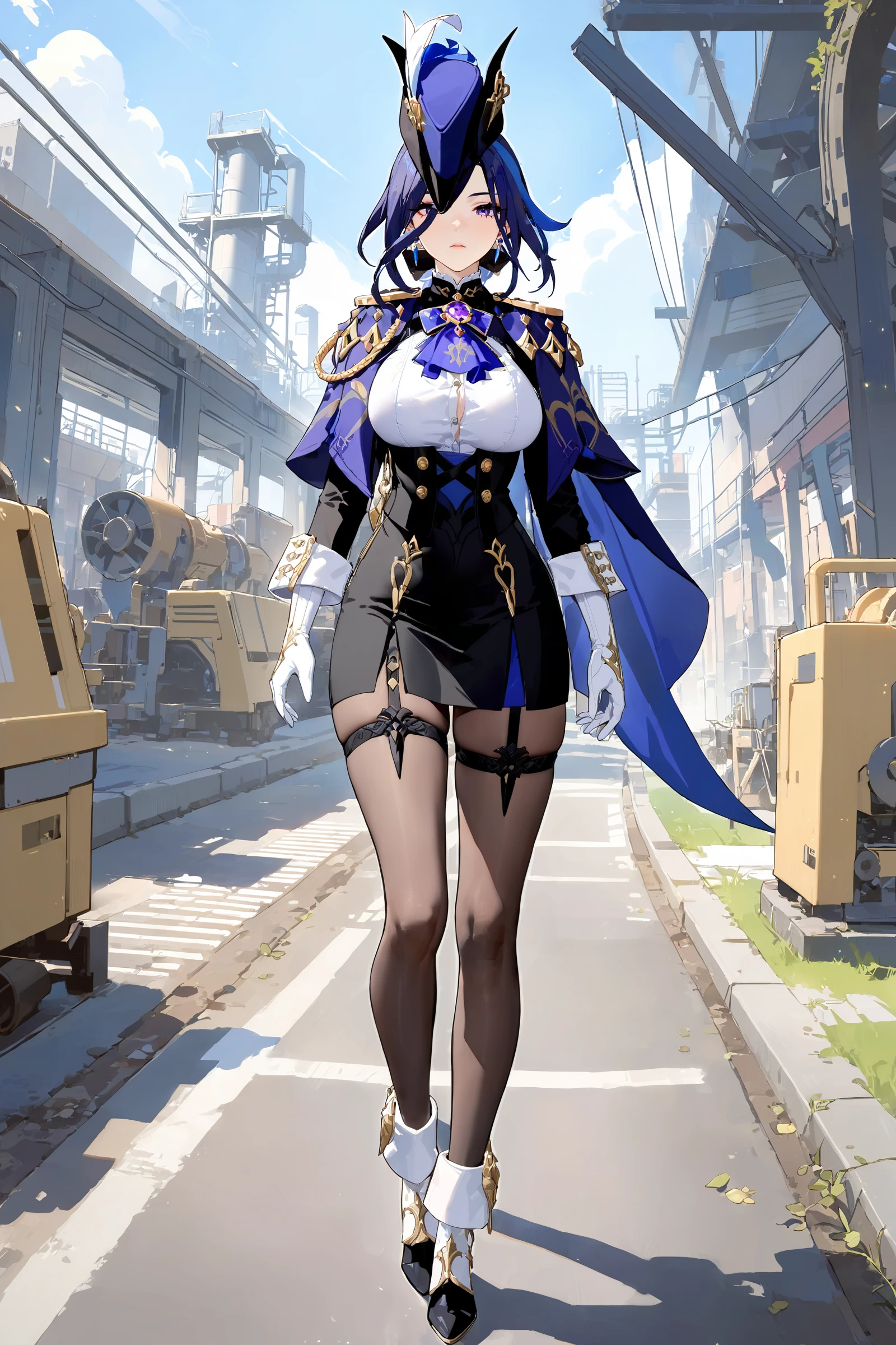 masterpiece, best quality, perfect features, intricate details, ray tracing, newest,(hitenkei, askzy:0.4), 1girl, clorinde \(genshin impact\), tricorne, black pantyhose, earrings, blue cape, white gloves, pencil skirt, white shirt, thigh strap, underbust, ascot, fold-over boots, black jacket, factory, outdoors, depth of field, full body, looking at viewer, walking <lora:quality1:0:hr=1>, <lora:Char-Genshin-Clorinde-XL-V1:0.9>