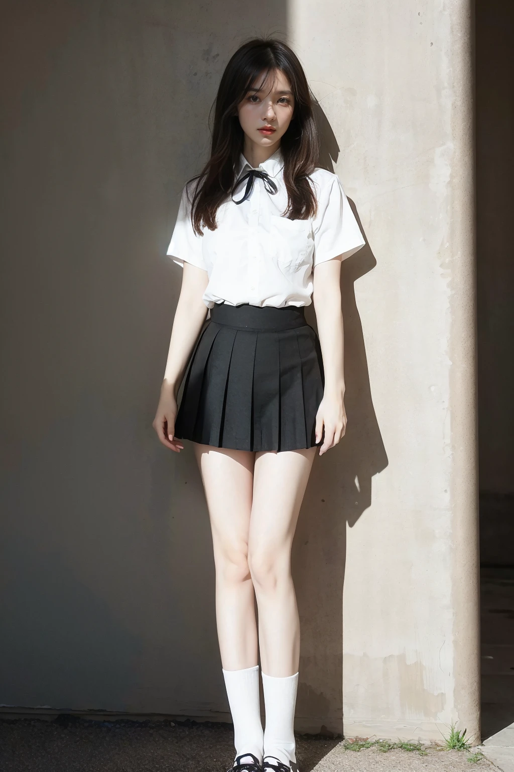 <lora:qingquxueshengfu:0.6>,<lora:1.5_perfect hands:0.8>,<lora:è
¿-000001:0.4>,full_body,a girl,school_uniform,shirt,truncated shirt,pleated_skirt,white shirt,outdoors,black pleated skirt,black tube socks,white bar,black ribbon,standing,<lora:Again_Girl_A14:0.9>,HD,highres,high quality,8k,kawaii,seijun,showing waist,small shirt,, best quality, masterpiece, (realistic, photo-realistic:1.37),ultra high res,highres,, illustration. media, delicate,8k wallpaper,soft light,official art,professional lighting, photon mapping, radiosity, physically-based rendering,1girl,