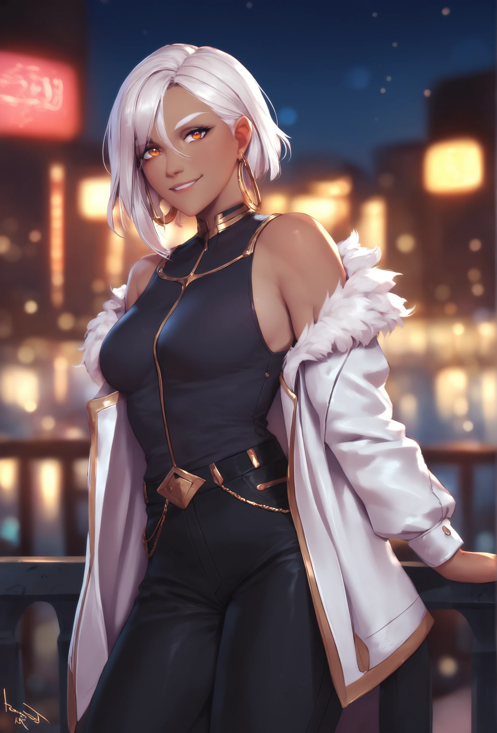 score_9, score_8_up, score_7_up, score_6_up, score_5_up, score_4_up, outdoors, night, starry sky, city lights, bokeh BREAK
<lora:personalami_style_ponyXL_v1:1> personalamistyle, 1girl, solo, dark-skinned female, white hair, medium hair, hair between eyes, sidelocks, inverted bob, white eyebrows, orange eyes, eye reflection, looking at viewer, smile, gold earrings, hoop earrings, black shirt, white jacket, (open jacket:0.8), fur trim, medium breasts, black pants, belt, gold trim