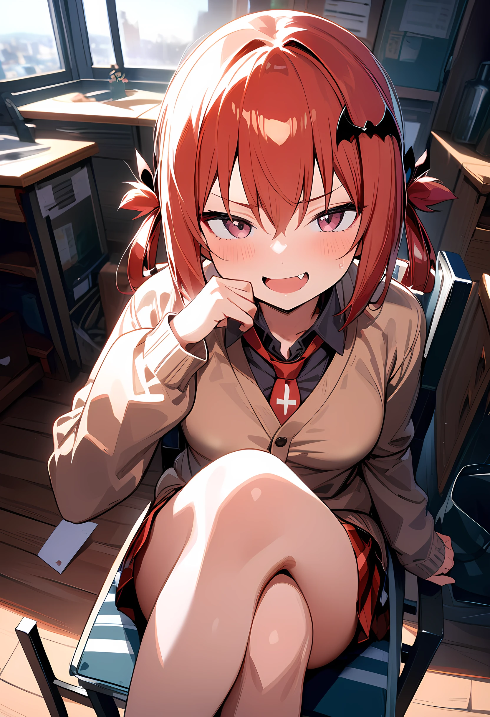 1girl, satanichia kurumizawa mcdowell, gabriel dropout, masterpiece, best quality, solo, sitting on chair, crossed legs, pov, full body, hand up, detailed eyes, absurdres, extremely detailed, cardigan, rating: safe, nsfw, perfect features, makeup, eyeliner, intricate details, ultra resolution image, laughing, fang, smug <lora:satania-xl-000005:0.9>