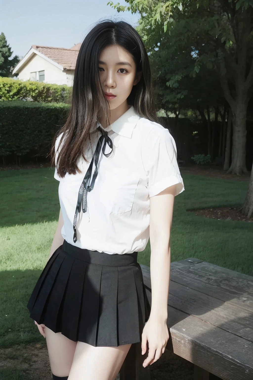 <lora:qingquxueshengfu:0.8>,<lora:1.5_perfect hands:0.8>,<lora:è
¿-000001:0.4>,full_body,a girl,school_uniform,shirt,truncated shirt,pleated_skirt,white shirt,outdoors,black pleated skirt,black tube socks,white bar,black ribbon,standing,<lora:Again_Girl_A14:0.8>,, best quality, masterpiece, (realistic, photo-realistic:1.37),ultra high res,highres,, illustration. media, delicate,8k wallpaper,soft light,official art,professional lighting, photon mapping, radiosity, physically-based rendering,1girl,
