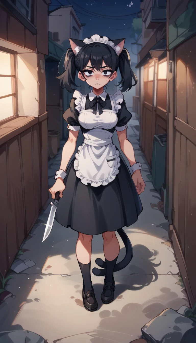 score_9, score_8_up, score_7_up, score_6_up, score_5_up, source_anime, 1girl, solo, twintails, black hair, black eyes, slight frown, bags under eyes, tired eyes, cat ears, tail, maid, full body, holding knife, pointing at viewer, looking at viewer, pov, dark alley way, night, shadow, low light, midnight, <lora:BrushlineStyleV1_PonyXL:0.9>