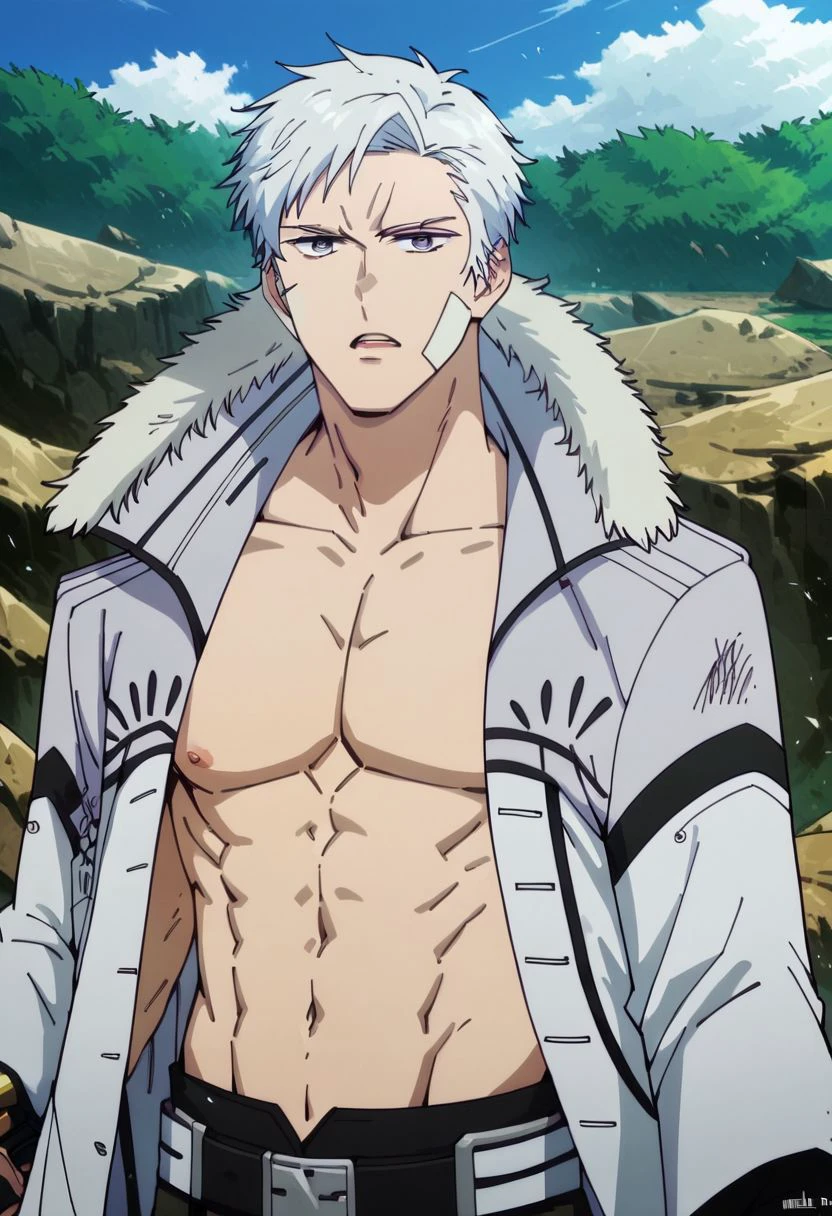 adam blade, black jacket,t, cape, glasses, belt, white hair, muscle, a man, post apocalyptic, desert, city, sun, sky, public, people, smile, teeth, fight, punching, <lora:adam blade needless:0.6>