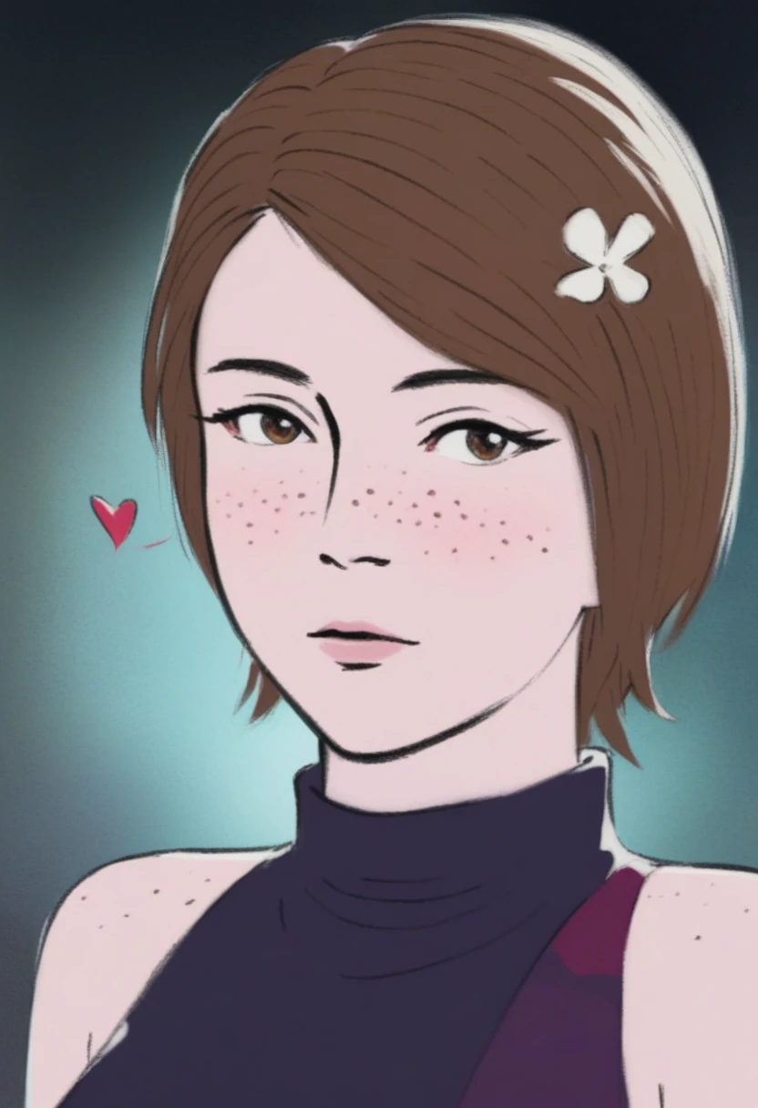 (score_9, score_8_up:1.1), score_7_up,  1girl, solo, expressive, hearts, dynamic, brown hair, short hair, brown eyes, pale skin girl, pale skin, freckles, turtleneck, bare shoulders, blush, white tulip hair ornament, looking_longingly, seductive, sexy_woman, black background  <lora:Khm0n0gatar1StylePonySDXL:1> khm0n0gatar1