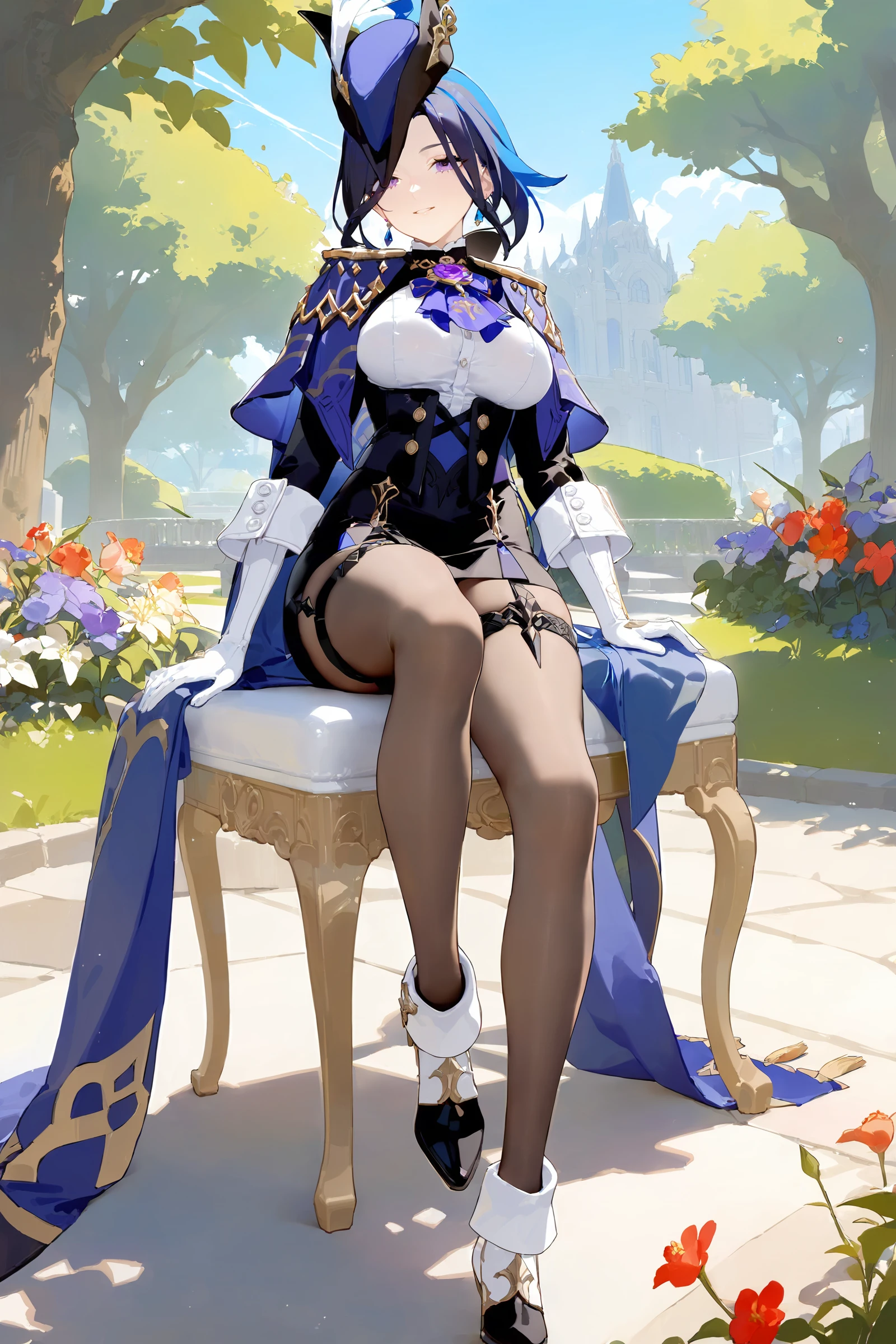 masterpiece, best quality, perfect features, intricate details, ray tracing, newest,(hitenkei, askzy:0.4), 1girl, clorinde \(genshin impact\), tricorne, black pantyhose, earrings, blue cape, white gloves, pencil skirt, white shirt, thigh strap, underbust, ascot, fold-over boots, black jacket, light smile, garden, outdoors, depth of field, full body, sitting, chair, flower, tree <lora:quality1:0:hr=1>,  <lora:Char-Genshin-Clorinde-XL-V1:0.9>