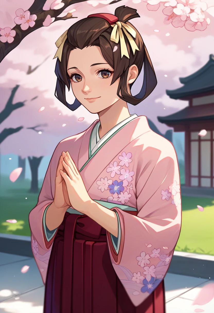 score_9, score_8_up, score_7_up, source_anime, solo, 1girl, mikotoba susato, smile, looking at viewer, praying, brown hair, hair rings, bangs pinned back, hair ribbon, pink kimono, floral print, red hakama, hakama skirt, outdoors, cherry blossoms <lora:gaa_susatomikotoba_ponyXL:1>