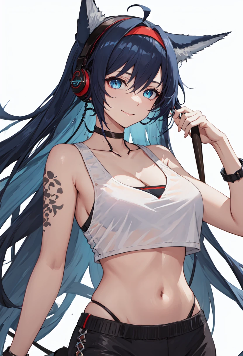 best quality, masterpiece, highres, solo, (blaze_arknights:1.10), 1girl, looking at viewer, midriff, smile, cleavage, crop top, official alternate costume, bare shoulders, black choker, navel, stomach, white tank top, drumsticks, holding, bare arms, ahoge, headphones, simple background, white background, blue hair, collarbone, 4 <lora:blaze_arknights:0.80>