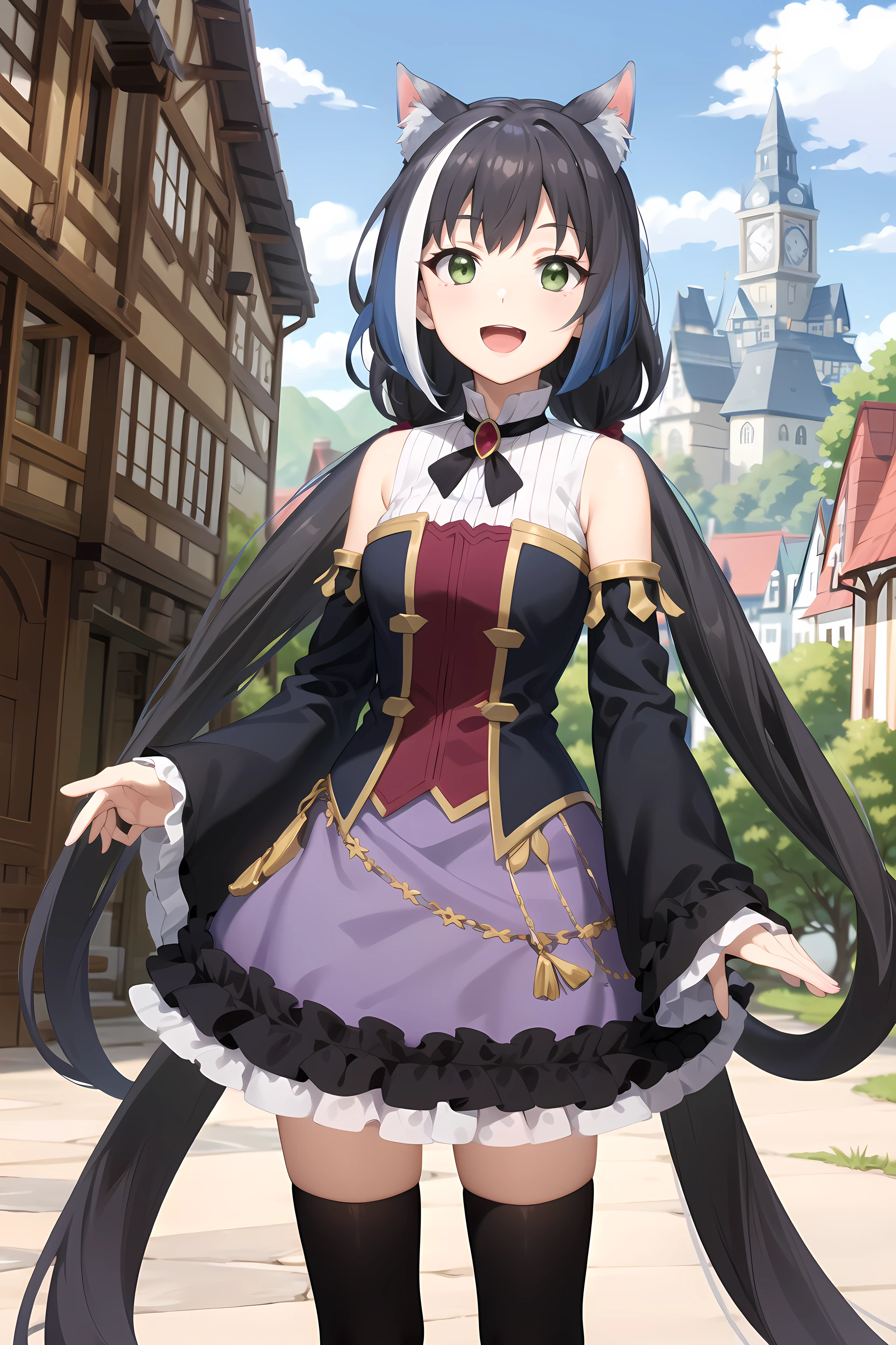 best quality, masterpiece, detailed,
<lora:PrincessConnect_Karyl:0.8>, Karyl,
solo, open mouth, smile,
black hair, streaked hair, white hair, low twintails, very long hair, green eyes, cat ears, cat tail,
KarylDress, detached sleeves, black thighhighs, purple skirt, frills, brooch,
standing, looking at viewer,
outdoors, building, fantasy