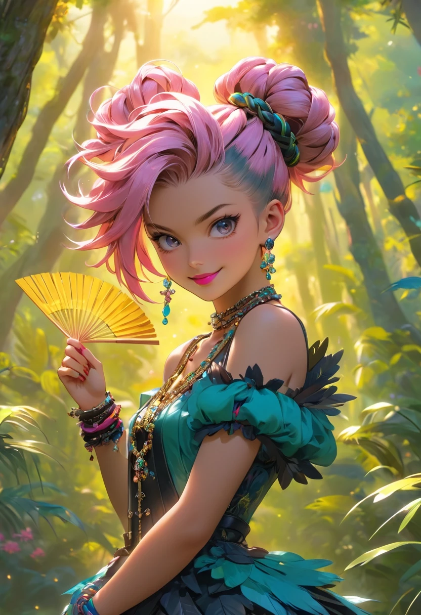 manga style In the given image, we see a vibrant scene set in a forest during sunset. A young girl with striking silver eyes is seen joyfully frolicking amidst nature's beauty. She is adorned with a unique yellow necklace that matches her funky hairstyle consisting of braided buns. Her pink lipstick adds a pop of color to her overall look.
Dressed in her baroque punk clothing featuring small leather straps and intricate detailing, she appears both stylish and fierce. In her hand, she holds a large ostrich feather fan, which seems to be . vibrant, high-energy, detailed, iconic, Japanese comic style