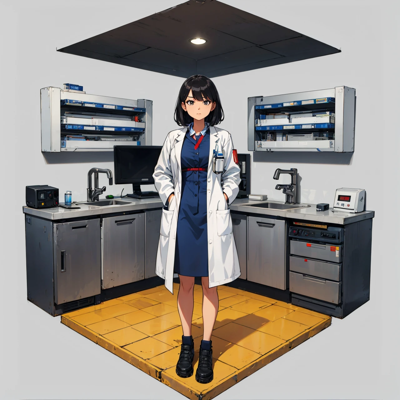 hexagonal composition, woman, lab coat, metal floor, metal door, scientific equipment, screens, simple background  <lora:hexagon_composition_03:0.6>