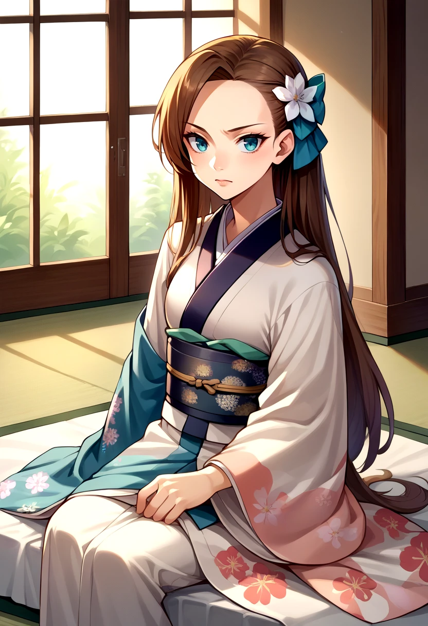 score_9, score_8_up, source_anime, 1girl, solo, KatarinaClaes, long hair, asymmetrical bangs, hair bow, indoors, kimono, hair flower, floral print, wariza, sitting, <lora:CHAR-KatarinaClaesPonyXL:1>