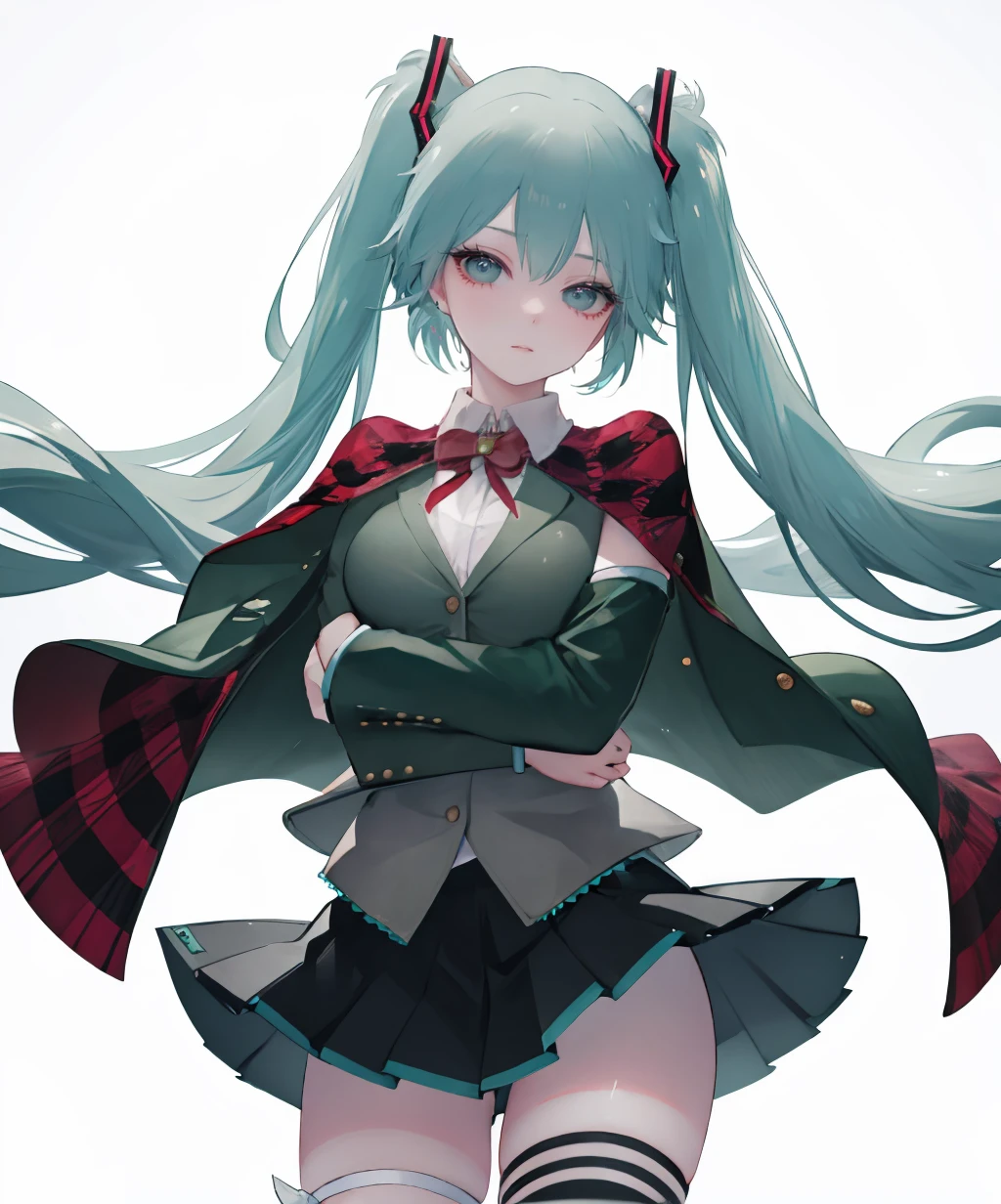 burn_the_witch_clothes,1girl,hatsune miku,solo,long hair,green jacket,hair ornament,bow,hairclip,kneehighs,thigh strap,blazer,black socks,skirt,cowboy shot,<lora:burn_the_witch_clothes-03:1>,