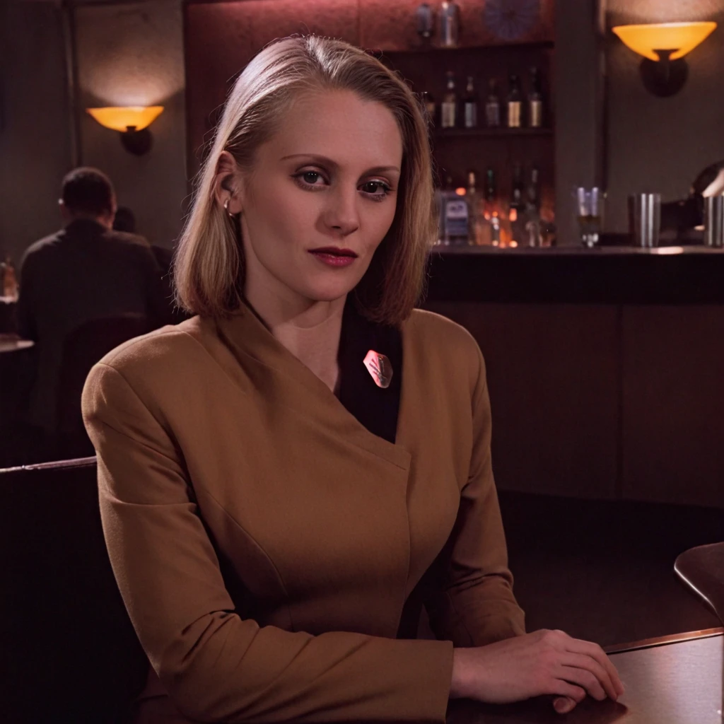 Talia Winters, sitting at a bar, warm lighting, looking at the viewer <lora:Talia Winters B5 XL:1>