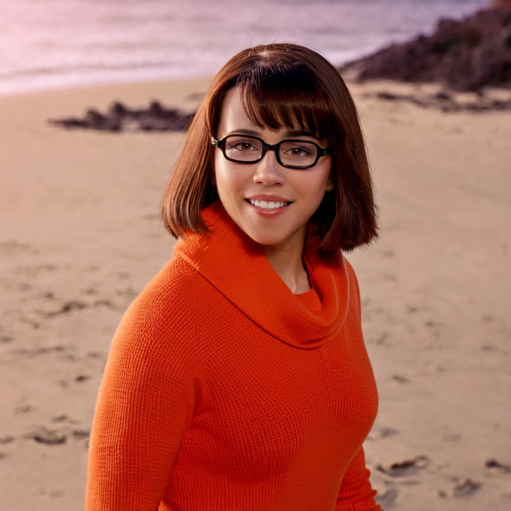 <lora:velmasdxl:1> 1 woman smiling, closeup, on beach, velmasdxl, glasses, orange sweater, cinematic lighting, best quality, brown bob cut, focus on eyes,