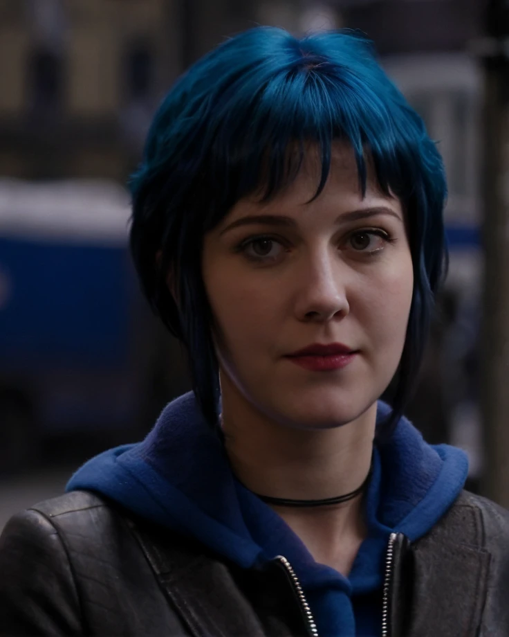a picture of (ohwx woman:1.1), blue short bob hair,realistic, photorealistic, detailed skin, surface scattering, bokeh, skin pores, city streets,wearing a jacket,outdoors, <lora:maryElizabeth15:1>looking at viewer,detailed face,subtle smile