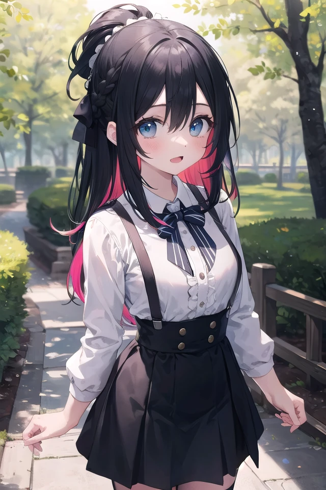 <lora:hotarueye_tareme1_v100:1>, insanely detailed, absurdres, ultra-highres, ultra-detailed, best quality,
1girl, solo, nice hands, perfect hands
BREAK
braid, shirt, holding, mary janes, socks, black skirt, long hair, white shirt, suspender skirt, white socks, long sleeves, ribbon, suspenders, standing, ruffles, black ribbon, bow , black bow tie, long skirt, black bow, neck ribbon, bowtie, bag
BREAK
(nsfw:-1.5)
BREAK
expressionless, open mouth
BREAK
,
standing, cowboy shot, looking at viewer
BREAK
slender, kawaii, perfect symmetrical face, ultra cute girl, ultra cute face, ultra detailed eyes, ultra detailed hair, ultra cute, ultra beautiful
BREAK
in forest, depth of field, ultra detailed background
BREAK
medium large breasts
BREAK
(random color hair, multicolored hair:1.2), rainbow color eyes, topknot, hair between eyes